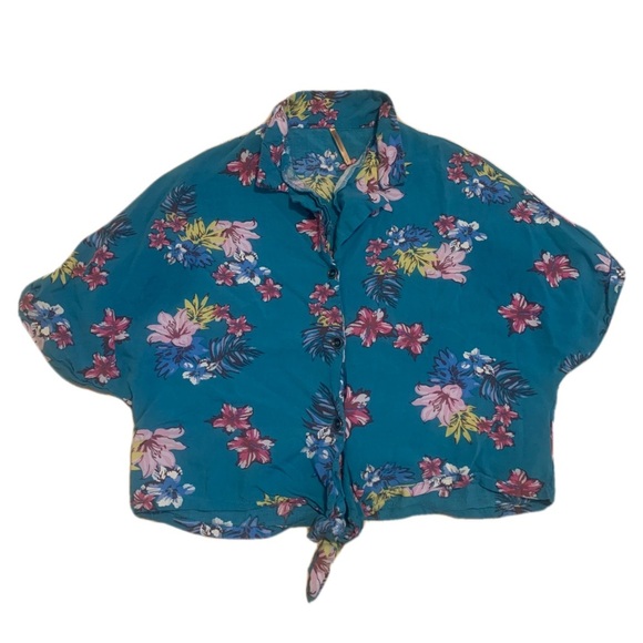 Free People Style Blue Floral Tie-Front Cropped Blouse - Size L - Picture 1 of 6